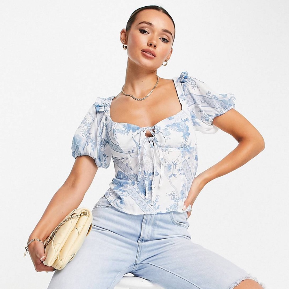 Asos Design Short Sleeve Tie Front Top in blue and white floral print